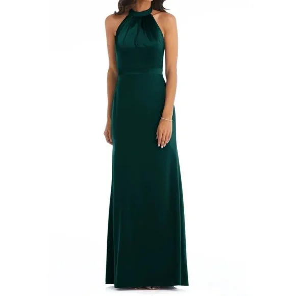 after six halter dress After Six Women's Band Collar Halter Open Back Fluid Satin Maxi Dress with Self-Tie Bow